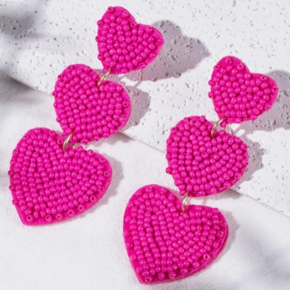 Long Handmade Triple Hot Pink Heart Beaded Valentine's Day Earrings Cute Hearts - Picture 2 of 5